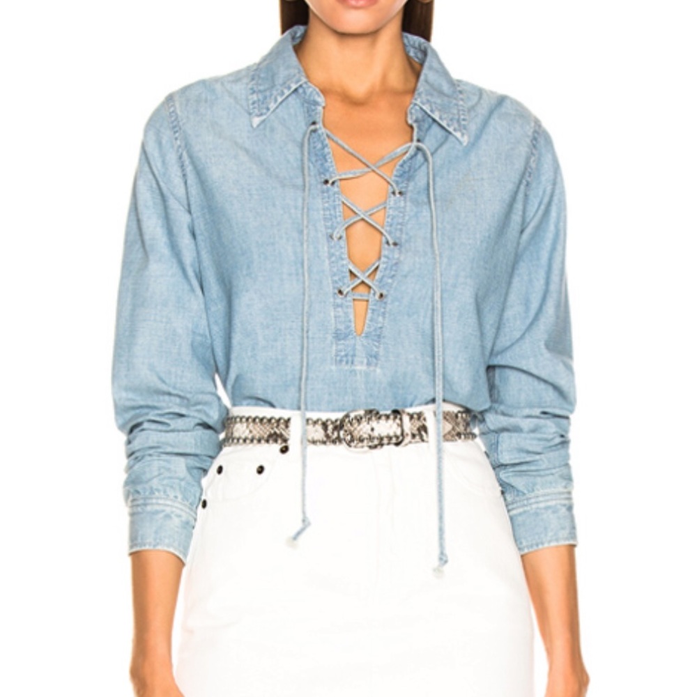 Nili Lotan Mallory top Denim blouse blue tie long sleeve shirt size Medium